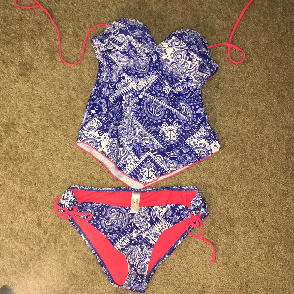Blue and white swimsuit top and bottom